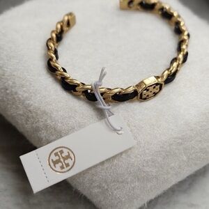 Tory Burch. Black leather marion braided bracelet/ cuff